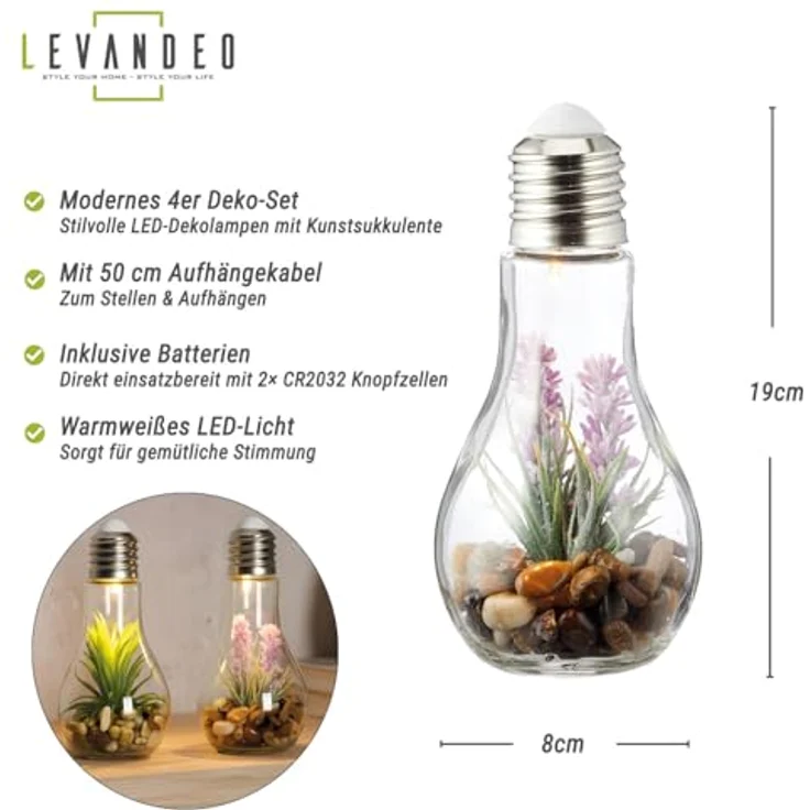 Levandeo® LED Dekoobjekt, 4er Set Sukkulenten Glühbirne Glas je B x H 8 x 19cm Deko LED Lampe – Bild 3