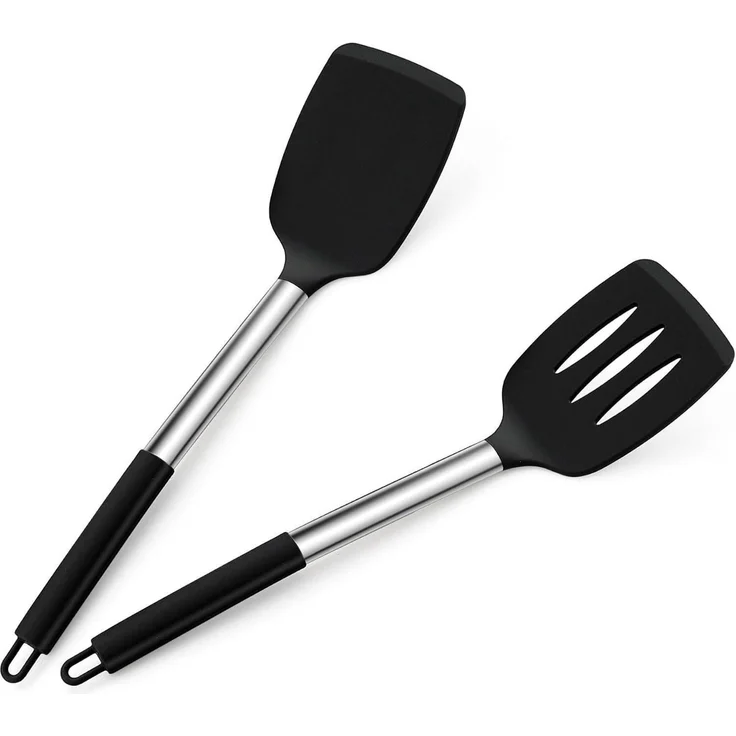 Homikit Silikon Pfannenwender Set Schwarz Edelstahlgriff 2er Kochbesteck – Bild 8