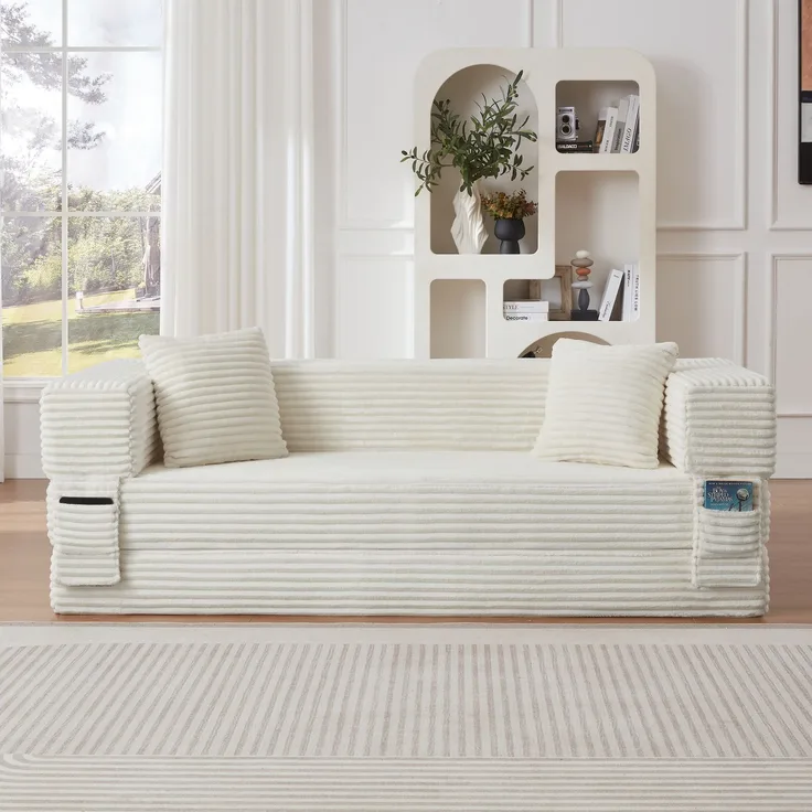 ZUBALIYA Schlafsofa, mit Schlaffunktion, H 60 × T 200 × B 76 cm, Weiß, Schaumstoff