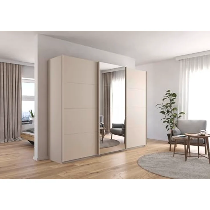 Rauch Möbel Kulmbach, Kleiderschrank mit Schwebetüren für Schlafzimmer, Kinderzimmer, Flur, 3-türig, mit Spiegel und Soft-Close-Funktion, Zubehör Premium, Farbe Beige, Breite 271 cm – Bild 2