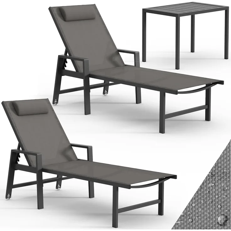 Mucola 2x Sonnenliege und Gartentisch Aluminium Gartenliege 200KG & Rollen wetterfest Teslin Klappliege Camping Terrassentisch