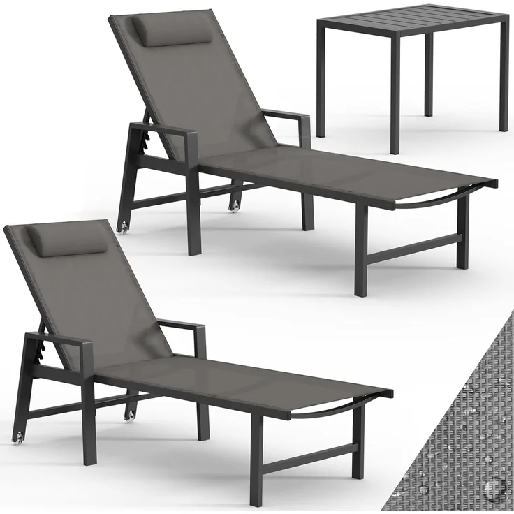 Mucola 2x Sonnenliege und Gartentisch Aluminium Gartenliege 200KG & Rollen wetterfest Teslin Klappliege Camping Terrassentisch – Bild 1