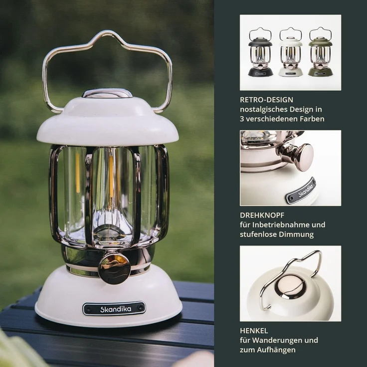 Skandika LED Gartenleuchte Campinglampe Forsol, Retro-Stil, Aufladbar, Tischlampe, Campingleuchte, stufenlos dimmbar, 4400mAh Akku, tragbar, Laterne Warmweiße Lichtfarbe – Bild 3