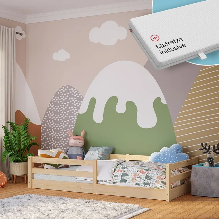 Bellabino 'Iskri' Bodenbett 90x200 cm mit Matratze, natur, Massivholz Kiefer, Montessori Kinderbett mit Rausfallschutz und Lattenrost