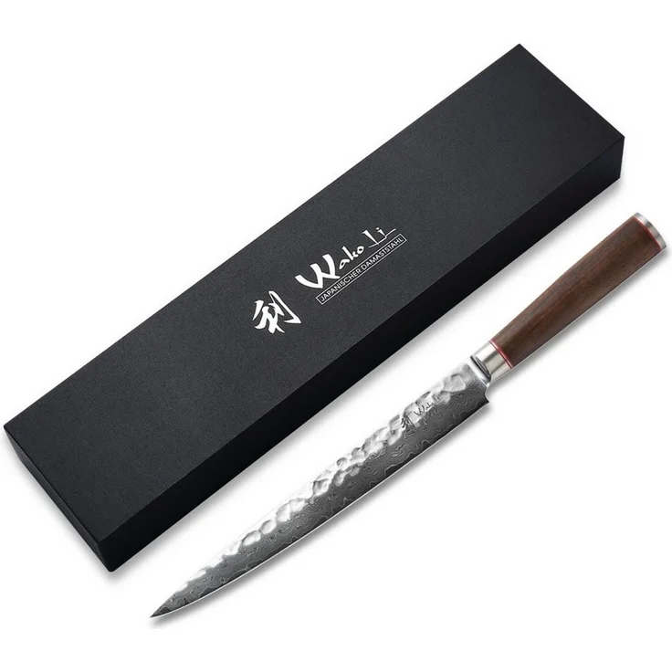Wakoli Tranchiermesser Nussbaum Damast Sashimi Kochmesser 25 cm Klinge Nussbaumholzgriff, Damaststahl, VG10, Nussbaumholz – Bild 1