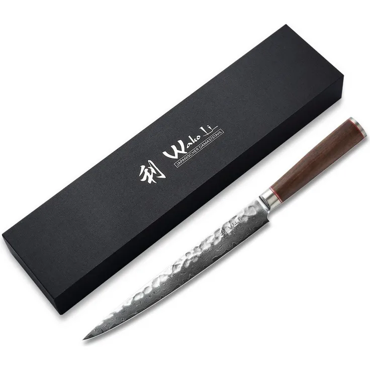 Wakoli Tranchiermesser Nussbaum Damast Sashimi Kochmesser 25 cm Klinge Nussbaumholzgriff, Damaststahl, VG10, Nussbaumholz