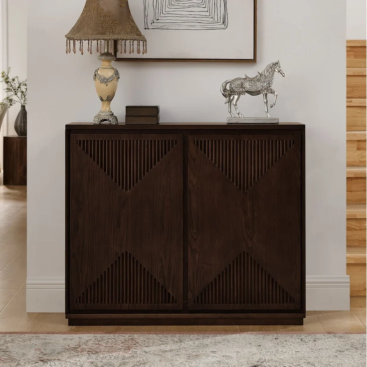 DESVIAE Sideboard Walnuss aus Massivholz/MDF – 109,22x54,94x17,78 cm – V-Rillen – Bild 1