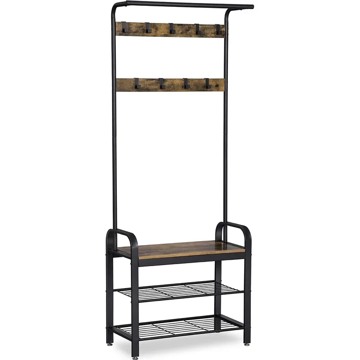 Vasagle Kleiderständer Garderobenständer rustikal mit 9 Abnehmbaren Haken Schuhregal mit Sitzfläche 3 Ablagen Holz Metall 72 x 183 x 33.7 cm Vintage von Songmics HSR40B