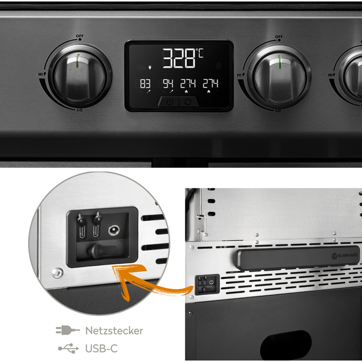 BURNHARD® GRANT Base + Gasgrill – 4-Brenner Modulargrill mit Gusseisen-Rosten & Türen – Infrarot Heckbrenner und 1x Infrarot Brenner für Brennkammer– LED Display – 17,7 kW - Schwarz - #946770 – Bild 5