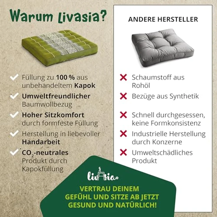 livasia Sitzkissen Sitzkissen 35 cm, vegan und handgefertigt, 35x35x6cm, Kapok – Bild 6
