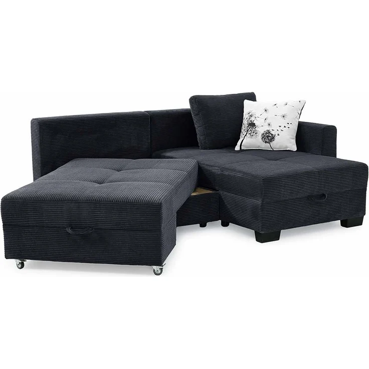 Ecksofa Schwenkfunktion Doppelbett Schlafcouch Bettkasten Cordbezug in Schwarz – Bild 7