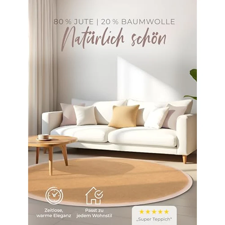 carpetfine Sisalteppich Sisal, rund, Höhe: 5 mm, mit farbiger Bordüre, Anti-Rutsch Rückseite – Bild 4