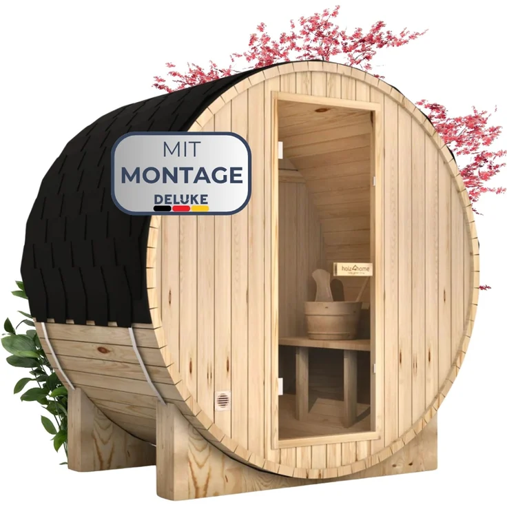 DELUKE® Fasssauna Outdoor mit Elektroofen PIET - für 2 Personen, inkl. Saunazubehör | Außensauna Gartensauna Saunafass | Mit externer Montage – Bild 1