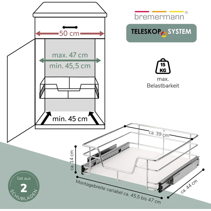 Teleskopschubladen 2er Set - für 50 cm Schrank mit Einlegeboden, aus Metall, (Chrom) – Bild 7