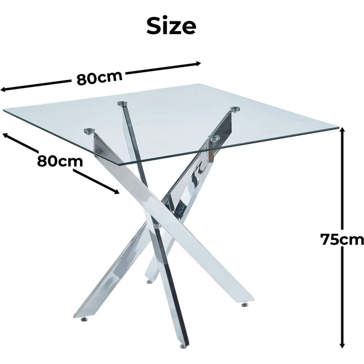 Esstisch 80x80x75 cm mit Glasplatte und Metallgestell in Silber – Bild 3