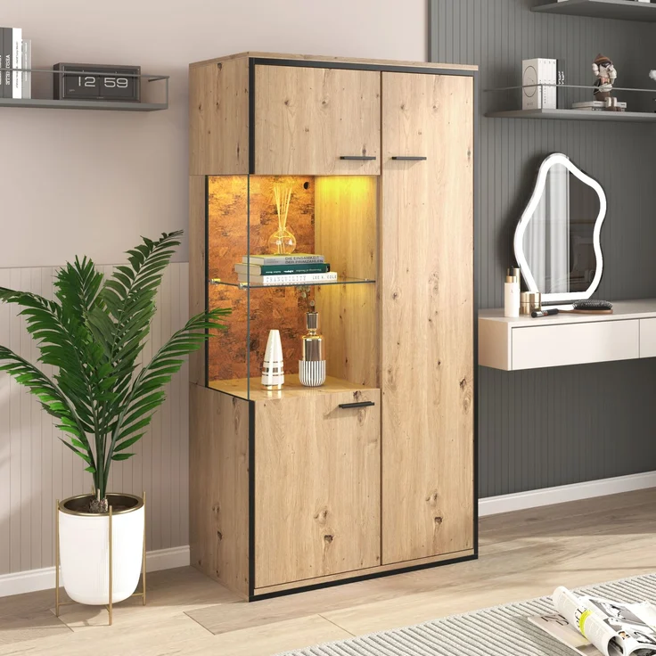 Merax Moderne Vitrine mit LED-Beleuchtung - 150Hx78Bx40Tcm - Glastür, Mehrzweckregale, 15 Farboptionen, Schaukasten – Bild 2