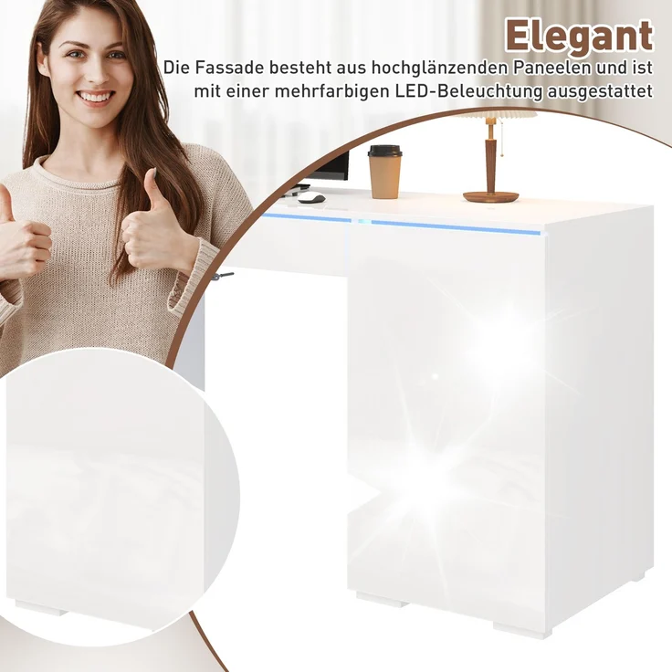 ZUBALIYA 140x50cm großer Schreibtisch in Hochglanz, mit LED-Beleuchtung, 1 Schublade und 2 Türen, moderner Computertisch mit extra großer Arbeitsfläche, Schminktisch mit Stauraum, in Weiß-Hochglanz – Bild 7