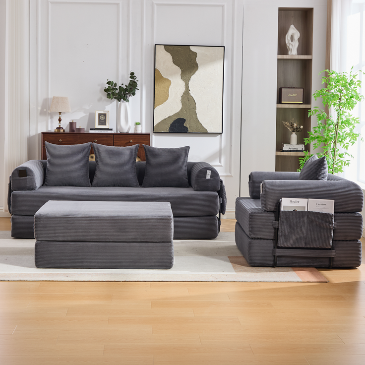 Cord-Sofagarnitur aus 3-Sitzer-Sofa, Sessel und klappbarem Hocker, Metallrahmen, Seitentasche und Kissen für flexible Lounge-Anordnungen, Dunkelgrau – Bild 20