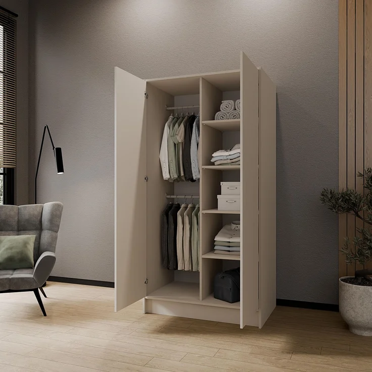 MEBLINI Kleiderschrank GALINDA 100cm - Kaschmir - griffloser Drehtürenschrank ohne Spiegel - Push-to-Open - mit Kleiderstangen und Regalböden – Bild 3
