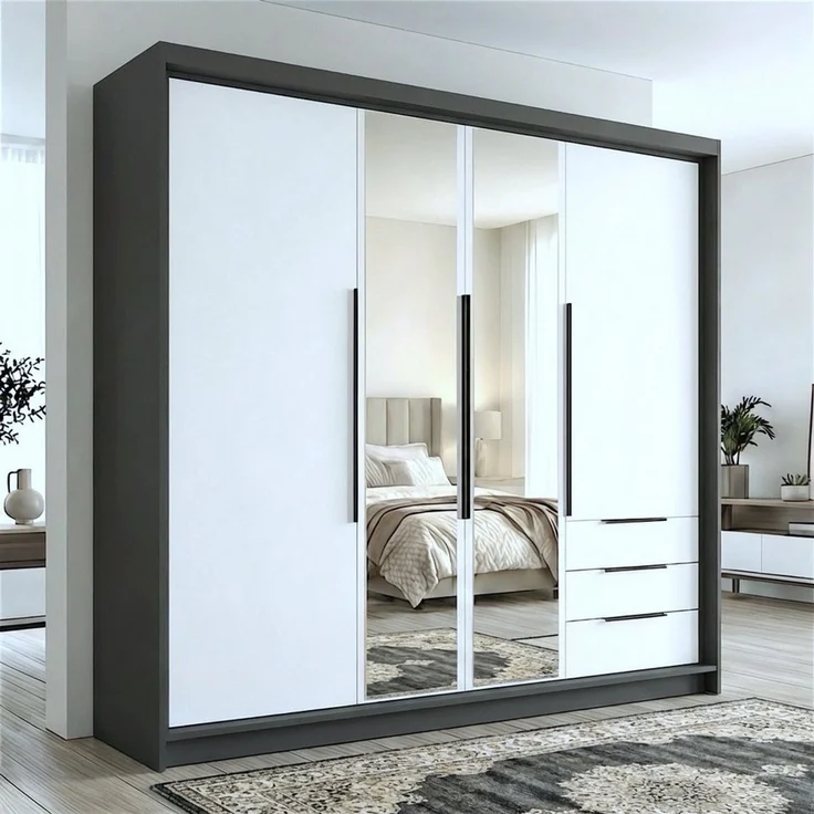 A&J MöbelLand GmbH Drehtürenschrank viertüriger Kleiderschrank mit Schubladen und Metallgriffen. (Geräumiger vier¬türiger Kleiderschrank mit Schubladen und Metallgriffen. Geräumiger Schrank mit einer Breite von 200 cm und Schubladen, ideal zur Aufbewah... – Bild 1