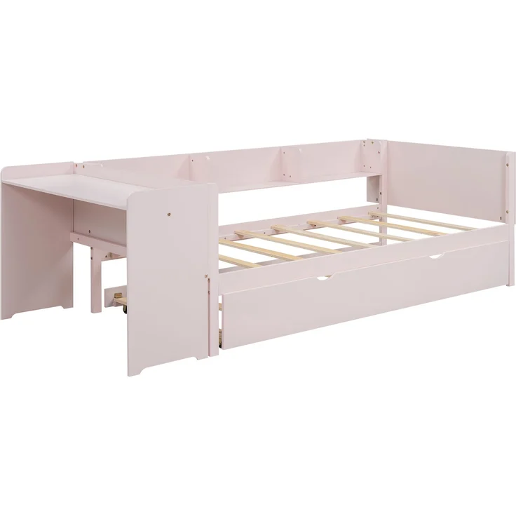 U-life Flachbett 90x200 cm Einzelbett Kinderbett Jugendbett mit Ausziehbett, Schreibtisch und 3 Regalen, Rosa – Bild 7