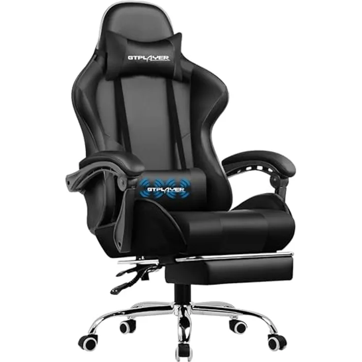 GTPLAYER Gaming-Stuhl, Gamer-Sessel mit Lendenmassage, Gamingstuhl, einziehbare Fußstütze, Rückenlehne 135° neigbar, bequemer Sitz aus Leder, Bürostuhl, Belastung 150 kg, Schwarz