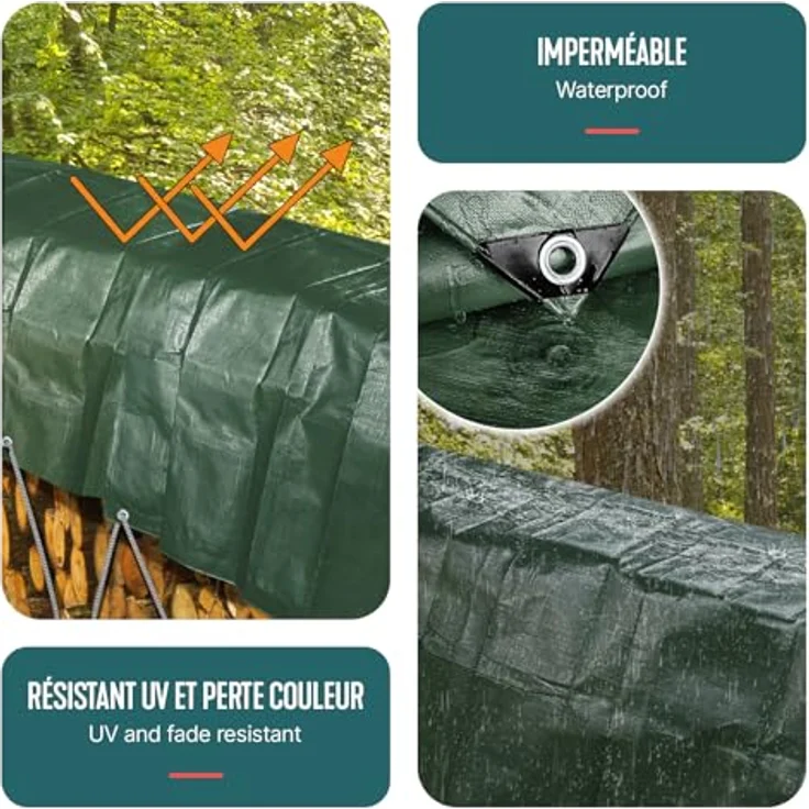 VOUNOT 4x6 m Abdeckplane 240 g/m² Wasserdicht LKW Plane mit Ösen, Schutzplane Gewebeplane für Gartenmöbel Holz Trampolin Poll Auto, Reißfest Beidseitig Beschichtet, Silber-Grün – Bild 5