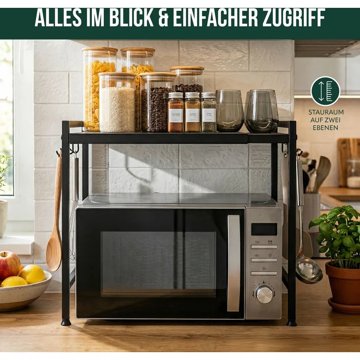 eluno 2-stufiges Mikrowellenregal, Metall, Schwarz, 42,5 - 65,5 cm x 34 cm x 31,5 cm – Bild 3