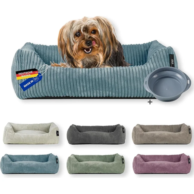 Rohrschneider Tierbett Hundebett Cord für kleine Hunde mit waschbarem Bezug inkl. Futternapf, antiruschbeschichtete Unterseite – Bild 1