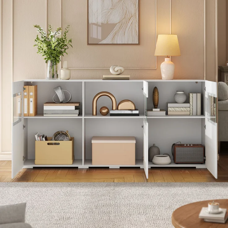 ZUBALIYA Sideboard 160x38x78 cm, mit LED-Beleuchtung, Hochglanz, mit 3 Türen, aus Spanplatte, Weiß – Bild 9