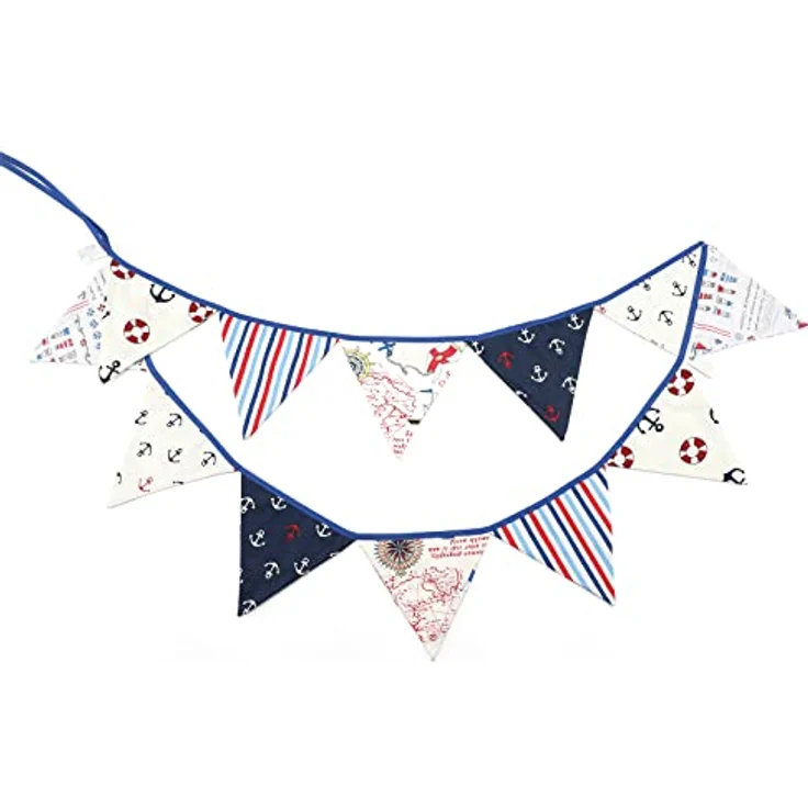 G2PLUS Stoff Wimpel Girlande Doppelseitig, 3. 3M Bunte Wimpelkette Stoffgirlande mit 12stk Girlande Wimpeln für Kinderzimmer Drinnen & Draußen Party-Blau und Weiß – Bild 2