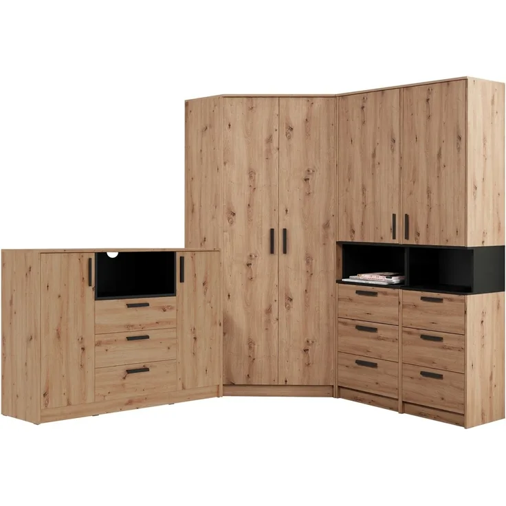 Marmex Möbel Grant Set-37A Möbelset mit Eckschrank & Sideboard , Eckschrank-Set mit Kommode, laminierte Spanplatte, artisan Eiche + schwarz, 228/195x195x40 cm