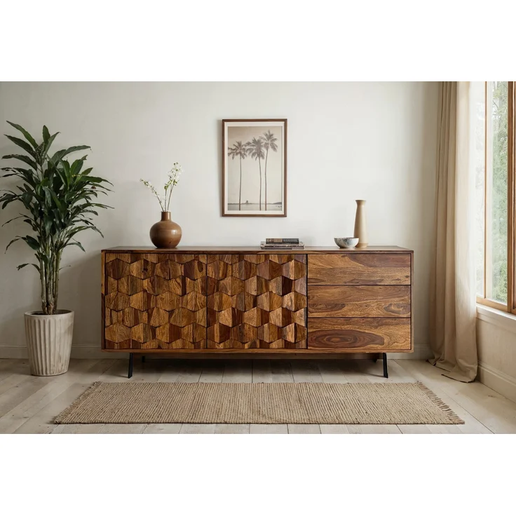 FineBuy Sideboard Sheesham Massivholz 175 cm 2 Türen & 3 Schubladen - Massive Retro Kommode mit Metall Beinen - Design Natur Anrichte - Handmade Industrial – Bild 2
