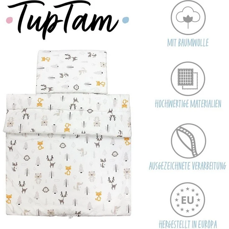 TupTam Kinderbettdecke-Set, Ganzjahresdecke, 2tlg., 1x Bettdecke, 1x Flachkissen, Wald / Fuchs / Reh / Igel / Bärchen / Beige, 135x100 cm – Bild 1