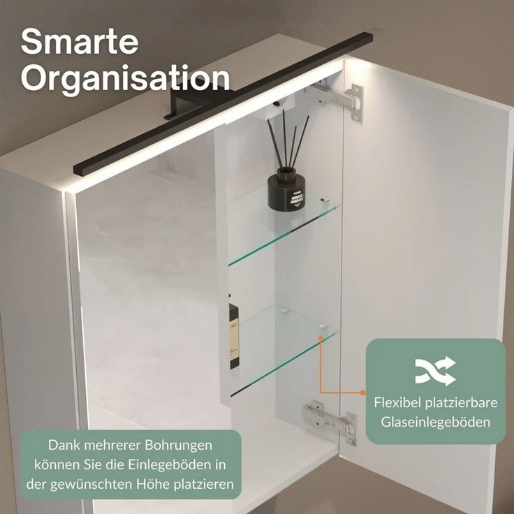 Planetmöbel Badezimmerspiegelschrank Spiegelschrank ARIA (Spiegelschrank Bad mit Beleuchtung und Steckdose, Badschrank mit Spiegel hängend) – Bild 3