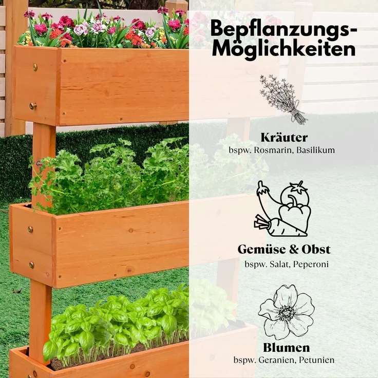 Coemo Mittleres Vertikalbeet Braun Hochbeet 3 Etagen inkl. Pflanzfolie 50x30x75 – Bild 3