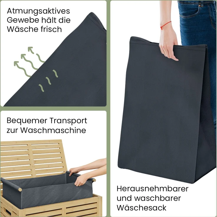 Bellamio 'Newa' Wäschesammler, 80 Liter, Bambus, herausnehmbarer Wäschesack aus Oxford-Gewebe, anthrazit, Wäschekorb mit Deckel – Bild 6