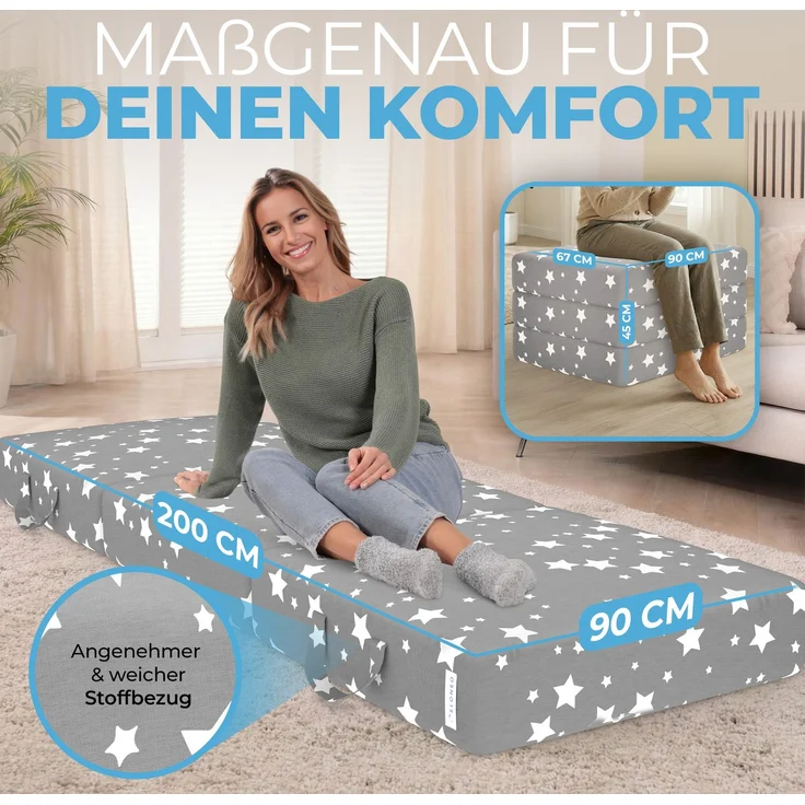 ELONEO Klappmatratze, Gästematratze, 3-teilige Faltmatratze, Schaumstoff extra dick (15cm), waschbar, Bandscheibenwürfel, klappbar, Faltbare Matratze, Erwachsene (Sterne, 90 x 200 x 15 cm) – Bild 2