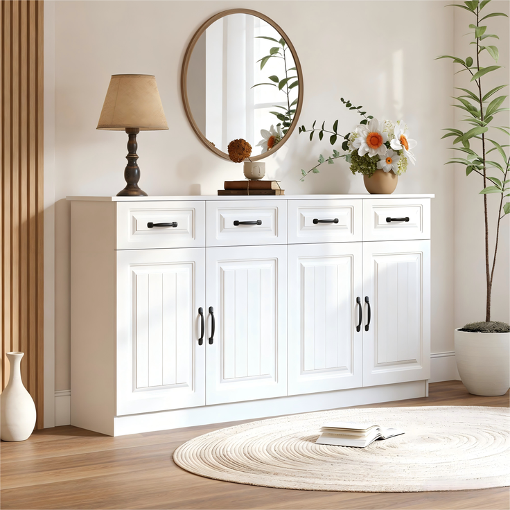 Merax 160cm Weißes Sideboard, Kommode aus MDF mit 4 Schubladen und 4 Türen, 2 Ablageflächen, geriffeltem Design und 8 Metallgriffen