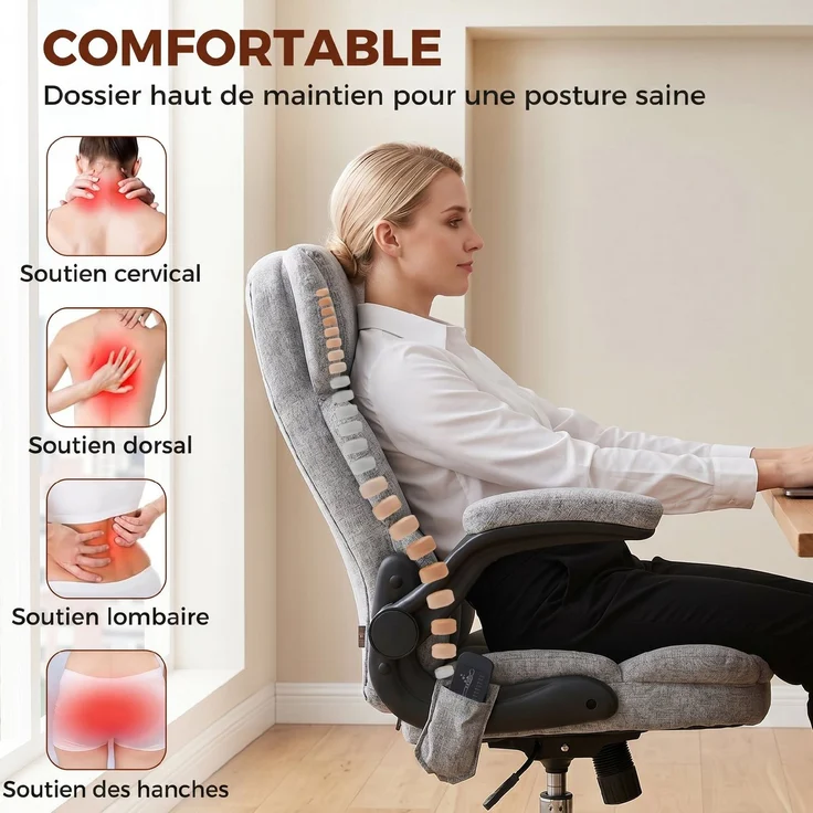 Massage- und Heiz-Bürosessel, ergonomischer Bürostuhl mit Höhenverstellung, Wippfunktion, grau – Bild 8