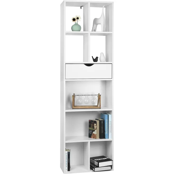 EUGAD Bücherregal Bücherschrank Raumteiler Aktenregal Aufbewahrungregal Standregal mit Schublade aus MDF, 8 Fächer, Weiß, 50 x 24 x 168 cm 0013SHG