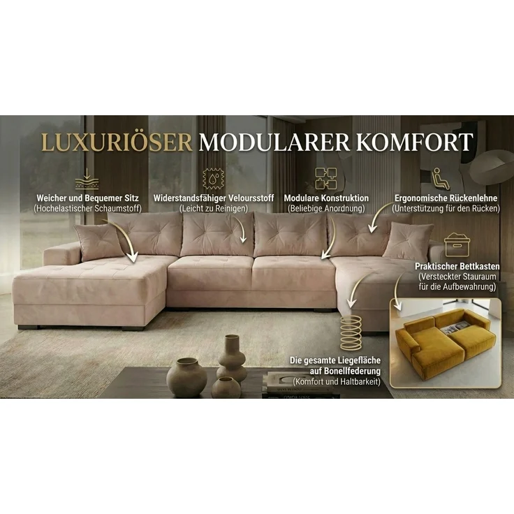 Ecksofa MODENA 320 cm x 185 cm – Stoff: ECO CAYENCE Weiss 1111 Farbe: Weiß – Bild 9