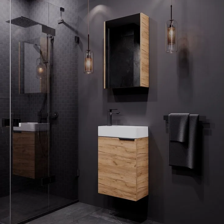 Planetmöbel Badmöbel-Set Badmöbel-Set 40cm mit Spiegelschrank Gold Eiche, (Komplett-Set, 3-St), Badmöbel, Breite 40 cm, Soft-Close-Funktion