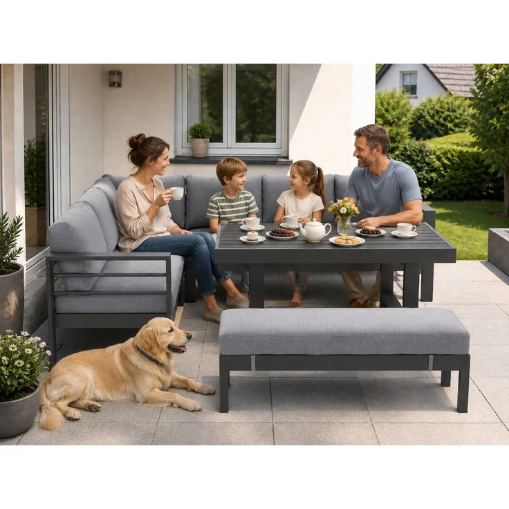 MeXo Gartenlounge-Set Aluminium Gartenmöbel Ecklounge, (L-Form Sofa links, 5-tlg, XXL Terrassenmöbel Set mit Esstisch), Lounge Gartenmöbelset für 6-8 Personen – Bild 4