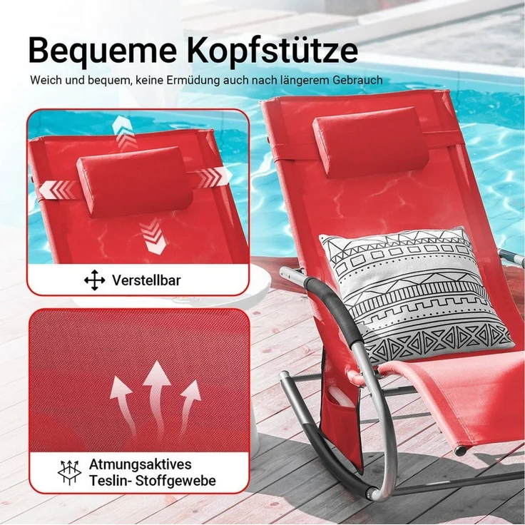 SoBuy Swingliege Gartenliege mit Tasche und Kopfkissen atmungsaktiv und luftig Schaukelliege Sonnenliege Liegestuhl für Gärten, Höfe, Strände, Balkone Rot 150 kg Belastung OGS28-R – Bild 4