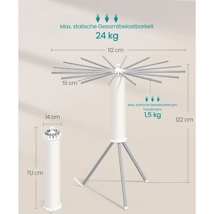 SONGMICS Wäscheständer klappbar, Ständer ausziehbar, platzsparend, drehbar, Balkon Waschküche, Aluminiumlegierungsarme, silbern – Bild 6
