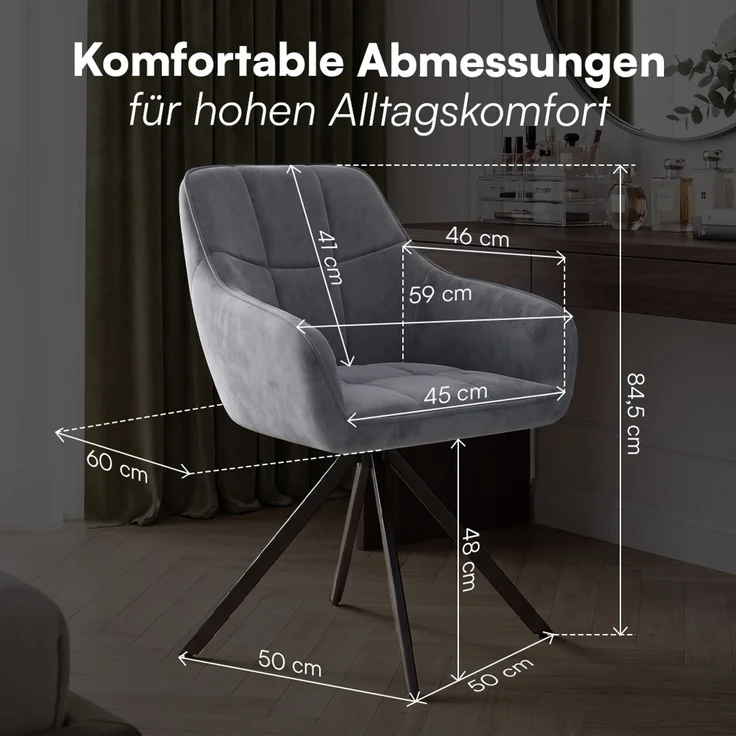 skølm 'Sköll' Esszimmerstühle, 6er Set, dunkelgrau, gepolstert mit Samt-Bezug, höhenverstellbar & drehbar, Polsterstühle mit Armlehnen, bis 150 kg belastbar – Bild 8