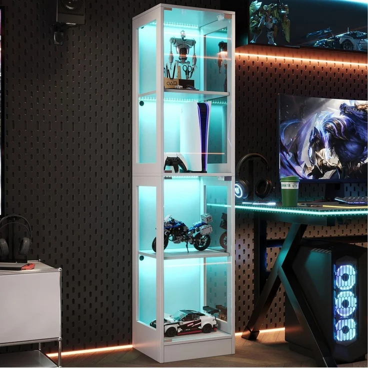 Flieks Glasvitrine Eckvitrine mit LED-Beleuchtung und Doppeltüren aus gehärtetem Glas (1-St, 40x35x170 cm) Standvitrine Eckschrank Hochschrank Sammlervitrine mit 4 Fächern Weiß – Bild 2