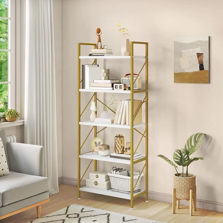 YITAHOME Bücherregal, Standregal mit 5 Ebenen, Hohes Lagerregal mit Metallrahmen, Industrielles Ausstellungsregal, Regaleinheiten, für Wohnzimmer, Schlafzimmer, Homeoffice, Küche, Gold Regal – Bild 1