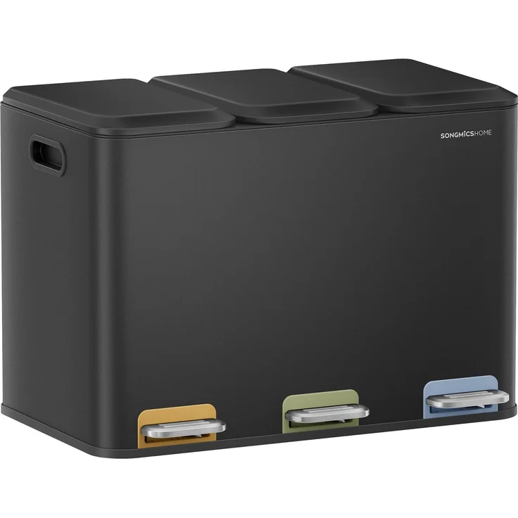 SONGMICS HOME Mülleimer Küche, 3x15 L Fächer, Abfalleimer mit farbcodierbaren Pedalen, Mülltrennsystem, mit Deckeln und Inneneimern, Stahl, tintenschwarz LTB740B02V1 – Bild 1